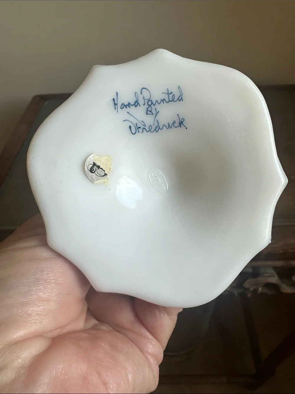 Vintage Fenton Silver Crest Milk Glass Compote with Hand Painted Blue Floral